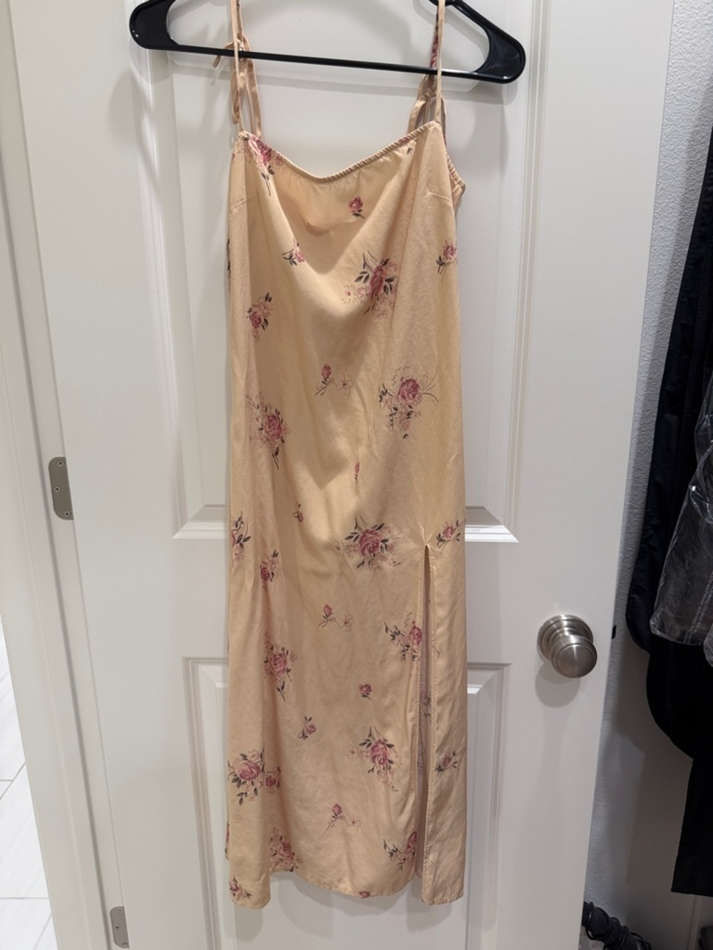 Reformation Beige Floral Slip Dress with Pink Rose Print